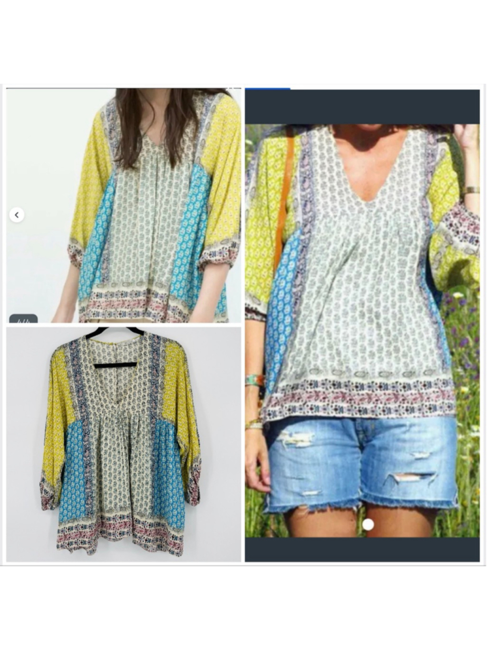 Zara Trafaluc Boho Blouse S White Blue Yellow Floral